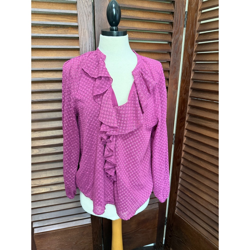 Nanette Lepore Pink Textured Ruffle Neck Long Sleeve Blouse Women's Size M